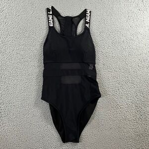 One Piece Bathing Swimsuit 8 Black Mesh Graphic Zip Back MIAMI LA Sporty Beach